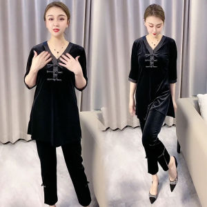 Bộ Đồ Hai Mảnh Nhung Vàng Phong Cách Cổ Điển Đầu Thu Tay Bảy Nút Quần Dài Đến Mắt Cá Chân Thời Trang Cho Phụ Nữ Trên 35 Tuổi