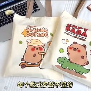 (READY STOCK)Capybara Canvas Tote Brown Bag Tuition Beg for Student Multipurpose Shoulder Bag Canvas卡皮巴拉卡通多功能帆布包 beg tuisyen capybara