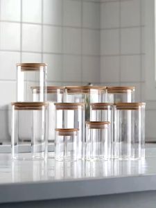 CozE Borosilicate Glass Kitchen Storage Square Round Bottle Bamboo Lids Storage Jar Food Container
