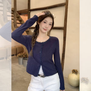Slim Fit Long Sleeve Lace Patchwork Open Cardigan Womens Loose Style Breathable Summer T-Shirt Low round Neck Button Closure
