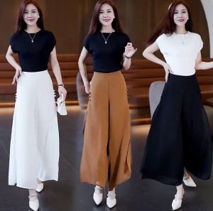 Chiffon High Waist Wide Leg Skirt Pants for Women Summer Split Casual Slim Loose Straight Leg Pants