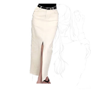 High Waist A-Line Mid-Length Denim Skirt for Women Straight Cut Slit Design Pure White Slimming Trendy Commute Style Skirt