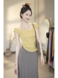 YUEZHONGWEI | Yellow U-neck Short Sleeve T-shirt Womens Summer Unique Beautiful Waist-cinching Initial Slim-fit Short Style With Belt