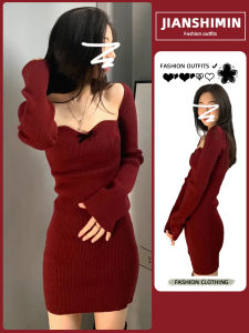 เสื้อโค้ทสีแดง กระโปรงสั้นถัก ชุดเดรส ฤดูใบไม้ร่วง/ฤดูหนาว เสื้อชั้นใน ชุดแฟชั่น เสื้อผ้าทำงาน สไตล์ญี่ปุ่น กระโปรงทรงเอ แขนยาว