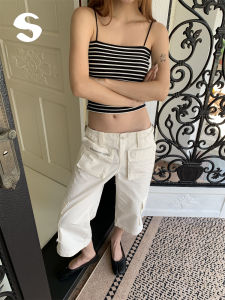 กางเกงขายาวทรงตรงเอวต่ำลายฤดูร้อน สีขาว กางเกงขายาวทรงลำลองสำหรับใส่ไปทำงาน กางเกงขายาวทรงตรงลายกระเป๋าหลายช่องสำหรับผู้หญิง Sleep at 11