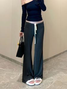 Deep Grey Low Waist Wide Leg Pants Womens Casual Loose Fit Drawstring Floor Length Trousers Spring New Style Slimming