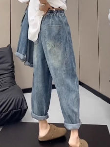 กางเกงยีนส์ทรงเอวสูงทรงหลวมสำหรับผู้หญิงไซส์ใหญ่ ทรงเอวสูง กางเกงยีนส์ทรงฮาเร็มทรงหลวม กางเกงยีนส์ทรงขาบาน