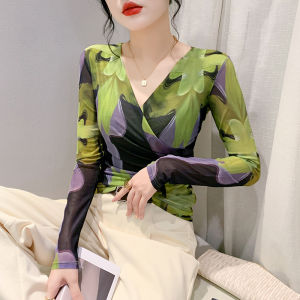 YIGE Plus Size Pullover 2023 Autumn/Winter Ruffled Print Top Cross V-Neck Fashion Long Sleeve Mesh T-shirt