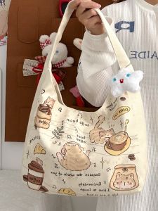 2024 New Coffee Cat Single Shoulder Bag Large Capacity Canvas Tote Bag for Women Commuting Outing Handbag Korean Style Casual