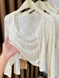 Spring Autumn Thin Lace Long Sleeve Open Cardigan Womens Strap Dress Sunscreen Shawl Cover up Ice Silk Small Cannon Shoulder Top