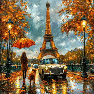Huacan Full Diamond Painting Autumn Rainy Night Paris Eiffel Tower Diamond Mosaic Landscape Set Home Decoration