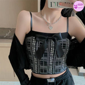 ส่งเร็วพิเศษ! บราสายเดี้ยว เสื้อครอบสายเดี้ยว สายเดี้ยวลายสก็อต แต่งโบว์ พร้อมฟองน้ำในตัว รุ่น L1071