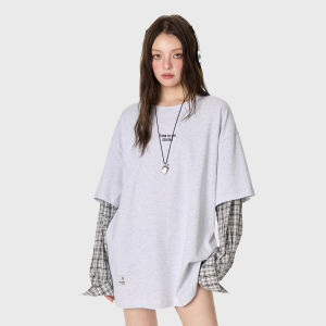 Turn Signal | Faux Two-Piece Plaid Patchwork Long Sleeve T-shirt