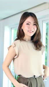 Narinari : MT2711 Ruff Collar Frill Sleeve Blouse เสื้อแขนกุดแต่งระบายแขน":