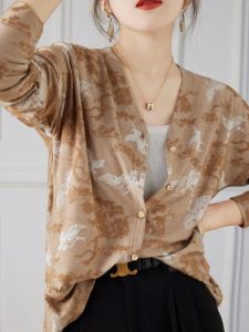 Spring New V-Neck Embroidered Faux Cashmere Open Cardigan Women Loose Knitted Thin Outerwear Chinese Style Wool Top