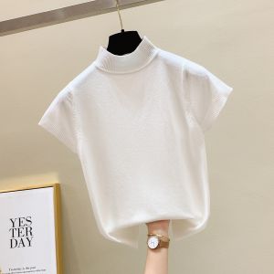 เสื้อแขนสั้นผ้าถักคอกึ่งสูงสีขาวสำหรับผู้หญิงเสื้อยืดแบบใหม่ฤดูใบไม้ผลิและฤดูร้อนปี2024 INS เสื้อตัวในเข้ารูปสไตล์เกาหลีคอสูงปานกลางแฟชั่น
