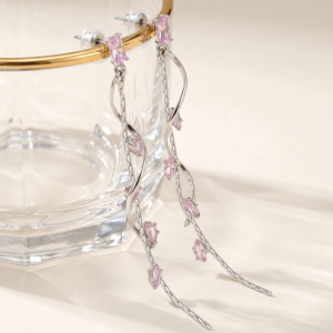 Vnox White Gold Pink Zircon Long Tassel Dangle Earrings Hypoallergenic Fashion Jewelry