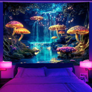 VIKAMA Fantasy Forest Waterfall Tapestry Mushroom Stars Bedroom Theme Wall Decoration Fantasy Tapestry Game Room Tapestry