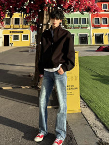 American Retro High Waist Lightning Pattern Mens Jeans Straight Leg Narrow Style Casual Loose Long Trousers for Autumn