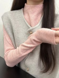 Korean Style Womens Autumn Winter Soft Cozy Half High Neck Knitted Sweater with Small Gold Button Outerwear Vest Cardigan