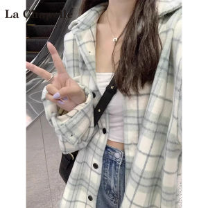 La Chapelle Blue Plaid Long Sleeve Shirt Womens Loose Casual Outerwear Top Autumn 2024 New Style Commuter Korean Version