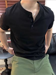 Heavyweight Cotton Henry Collar Polo Shirt Short Sleeve Mens Fitness Sporty Summer High-End Feel T-Shirt Standard Fit Youth Trendy