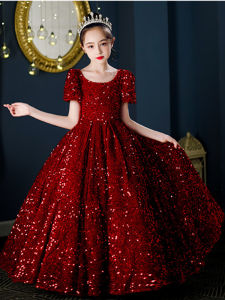 Red Flower Girl Heavy Work Evening Gown Birthday Show Host Walk Luxury Piano Princess Skirt for Girls Sweet High Waist Ball Gown