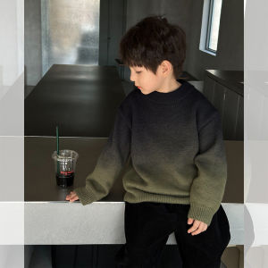 XiaoJieJia Winter Thickened Sheep Velvet Gradient Color Knitted Sweater for Boys Warm And Stylish Korean Style Baby Clothes
