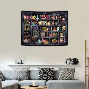 VIKAMA Bookshelf Tapestry Magical Gothic Bull Skull Witch Retro Plant Mystical Educational Bookshelf Tapestry Home Decor