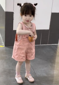 Summer New Womens Color Stripe Vest Pink Strap Shorts Set Cute Two-Piece Set for Medium And Large Children Baby Girl Clothes