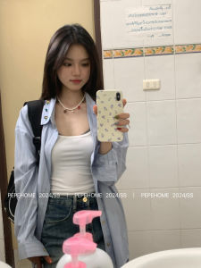 Retro Hong Kong Style Striped Shirt Womens Summer New Blue Casual Loose Cardigan Outerwear Trendy Polo Collar Long Sleeve