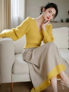 Fashionable Milk Series Womens Two-Piece Set Spring Lazy Style Slimming Knitted Sweater Midi Skirt Long Sleeve V-Neck Pullover
