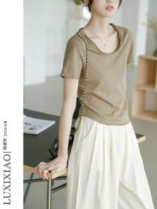 LUXIXIAO Womens Short Sleeve T-Shirt U-Neck Slim Fit Short Style Base Shirt Summer Cotton Pure Color Versatile Commute Simple