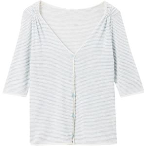 SOLWEIGE | SOLWEIGE Stripe Knitwear Womens Summer Thin Five-Quarter Sleeve V-neck Button-up Retro Cuffed Air Conditioning Cover Up Top