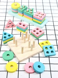 Wonderful Toys Wooden Educational Toys Shape Puzzle Color Geometric Sorting Stacking Building Blocks Toy For Kids