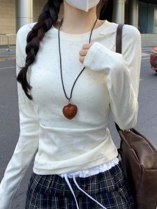 Korean Style Tie Dye round Neck Slim Fit Shoulder Insert Long Sleeve T Shirt Women Sweet And Spicy Fishbone Line Elegant Short Top Base Shirt