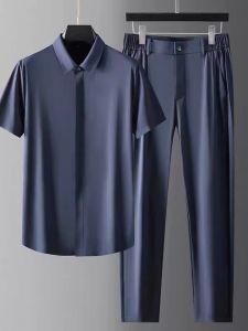 Smooth Ice Silk Short Sleeve Shirt Gentleman Style Anti-Wrinkle Summer Business Casual Mens Clothing Set Tagkita Brand