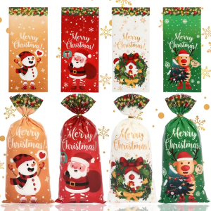 50pcs 4in1 Mixed Santa Cluas Christmas Candy Bags With Cartoon Snowman Pattern Christmas Gift Bags