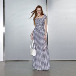 unifree | Đầm Maxi Ôm Body Hình Carô cổ Vuông Vintage