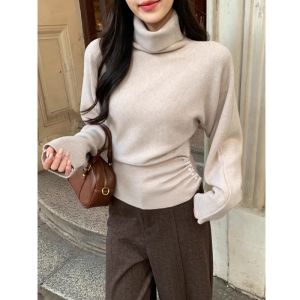 BINKAFENNY | Sweet Knitted High Collar Base Shirt Womens Autumn Winter Waist Cinching Side Button Asymmetrical Inner Wear Top