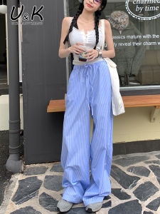 High Waist Wide Leg Pants Womens Summer Loose Slimming Casual Drapey Floor-Length Trousers Korean Striped Blue Lazy Style