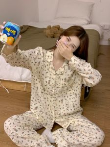 Bộ Đồ Ngủ Ren Dài Tay Rộng Rãi Mùa Xuân Thu Cho Nữ Bộ Đồ Ngủ Cotton Pha Trộn Họa Tiết Hoạt Hình Mùa Thu Thường Ngày