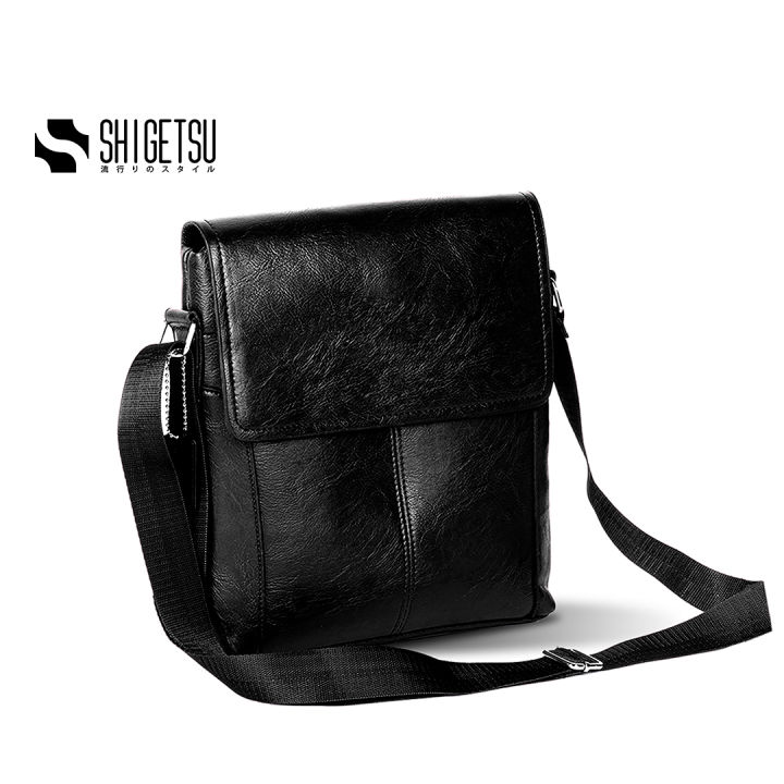 Shigetsu GERO plain black leather men sling bag crossbody bag