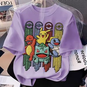 Bandai | New Imitation Embroidery Pokémon Cartoon Print Crew Neck Loose Casual Short‑Sleeve Top for Boys and Girls Summer Style