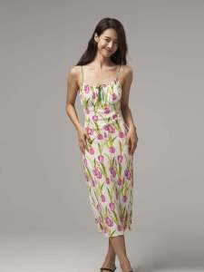 Sweet Tulip Silk Print Wrap Dress Summer New Arrival A-Line Midi Dress V-Neck High Waist Sleeveless Daily Romance