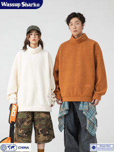 Wassup Shark American Style Fleece Sweatshirt mid High Collar Womens Base Layer Shirt Trendy Autumn Winter Warm Stand Collar