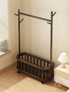 Solid Wood Clothes Hat Rack Oak Floor Standing Wheel Mobile Bedroom Bedside Clothes Hanging Rack Simple Assembly Universal