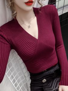 ฤดูใบไม้ผลิ ฤดูใบไม้ร่วง ผู้หญิง เซ็กซี่ Cross Deep คอวี เสื้อเชิ้ตแขนยาวทรงสลิมถัก ดีไซน์ เสื้อสั้น สไตล์เกาหลี โพลีเอสเตอร์ ไฟเบอร์ ผ้าฝ้าย Blend