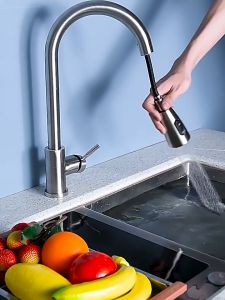 Kitchen Faucet 304 Stainless Steel 360° Rotate Flexible Cold Tap Countertop Faucet Two Effluent Modes Pull Out Faucet