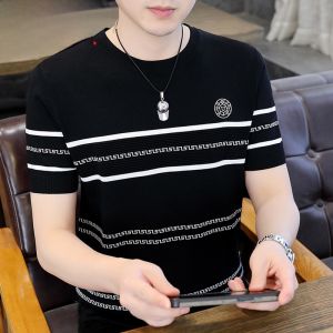 HENGYUANXIANG | Áo thun nam tay ngắn Ice Silk Cool Sensation thời trang mùa hè 2023 Áo len dệt kim sọc cổ tròn thường ngày chất liệu polyester